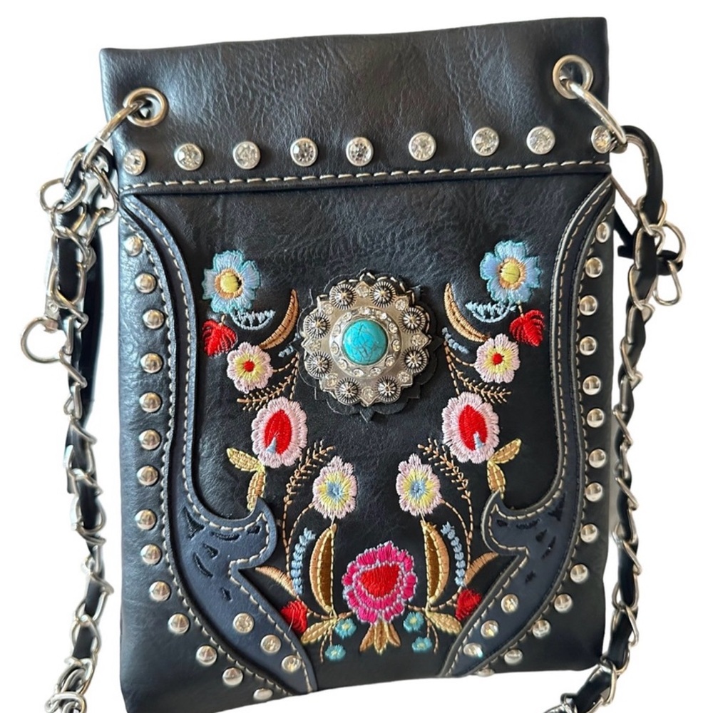 Cowgirl Trendy Black Embroidered Leather Crossbody Bag with Turquoise Concho - Picture 2 of 6
